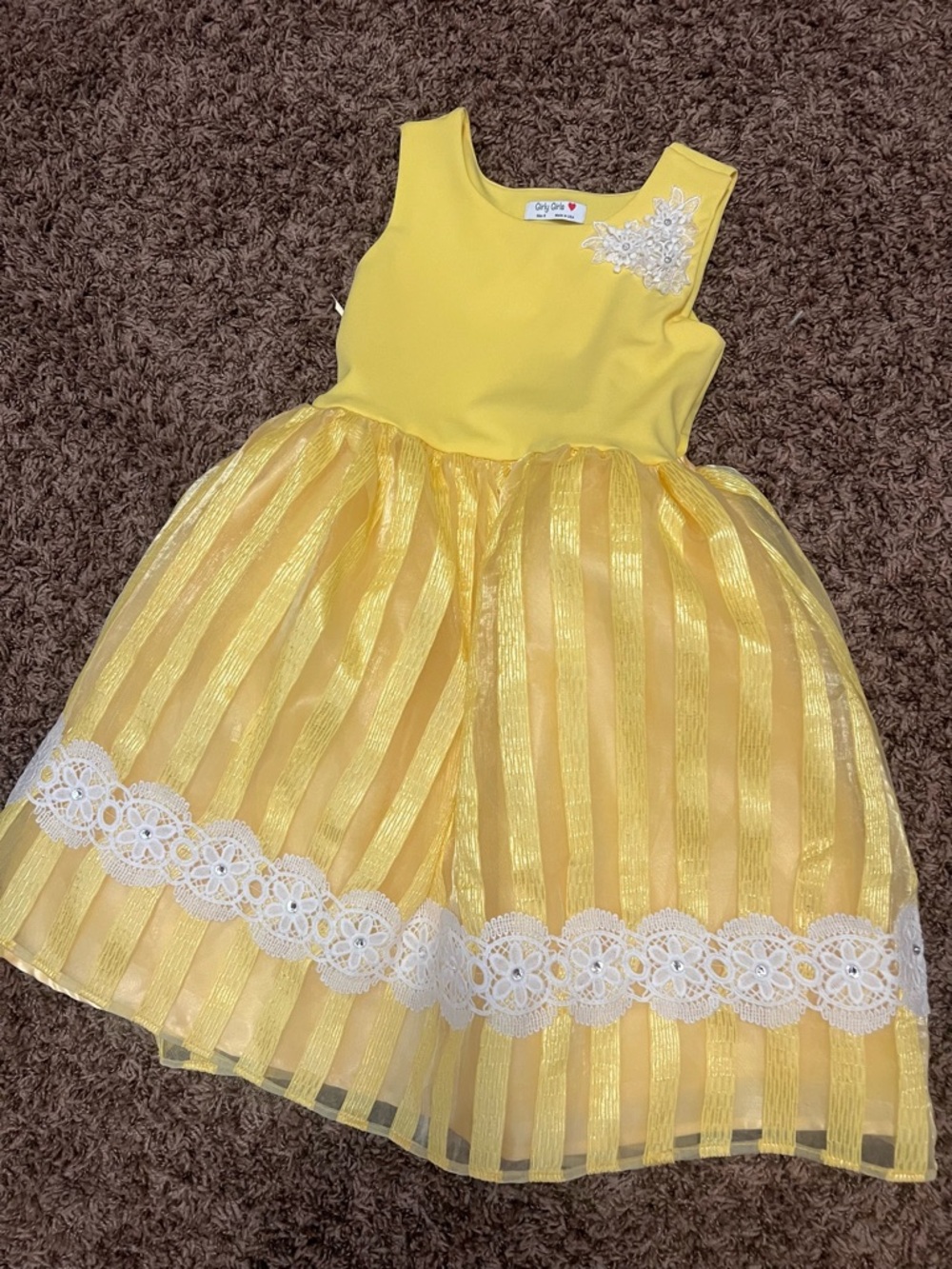 Yellow Girl's Sleeveless Party Dress with Lace Trim